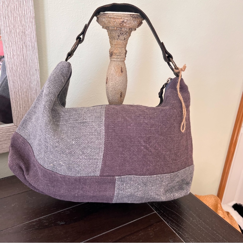 Shoulder Bag Patchwork Hobo-style Grey/Purple Jute Material Brand New